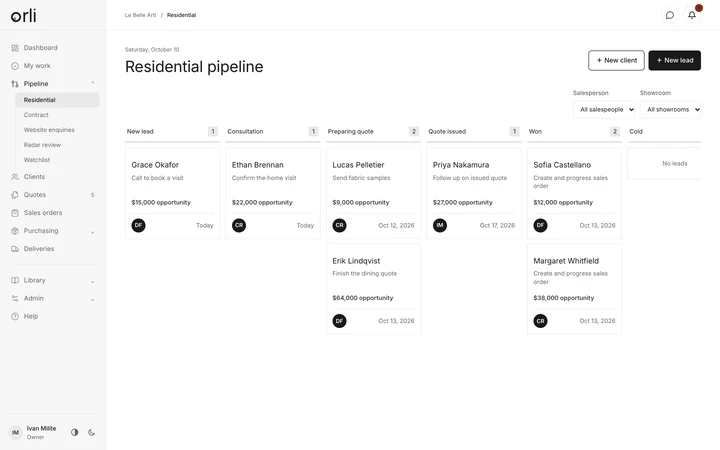 Orli's residential pipeline on a practice copy with invented clients: leads in columns from new lead to won, with a next step, a value and a salesperson on each card.