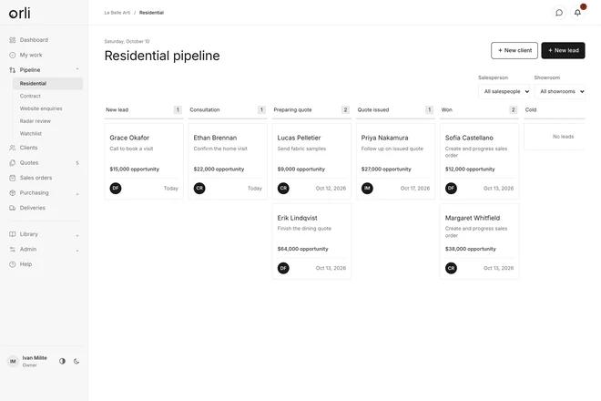 Orli's residential pipeline on a practice copy with invented clients: leads in columns from new lead to won, with a next step, a value and a salesperson on each card.